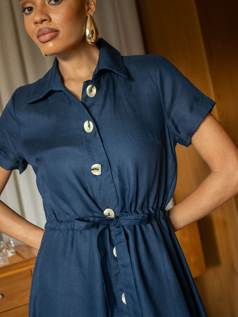 Vestido Manga Curta Linho Bordado Azul