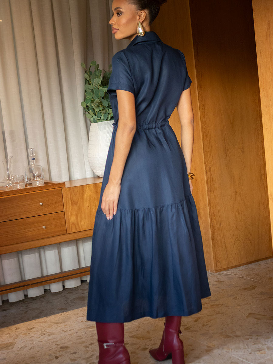 Vestido Manga Curta Linho Bordado Azul