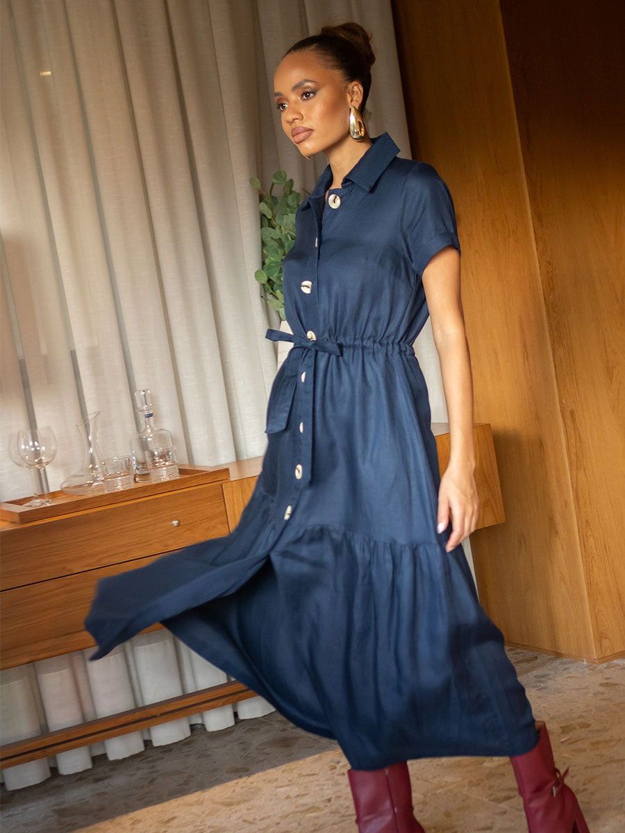 Vestido Manga Curta Linho Bordado Azul