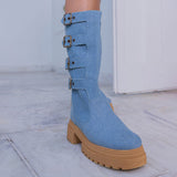 Bota Coturno Couro Cano Alto 4 Fivelas Jeans