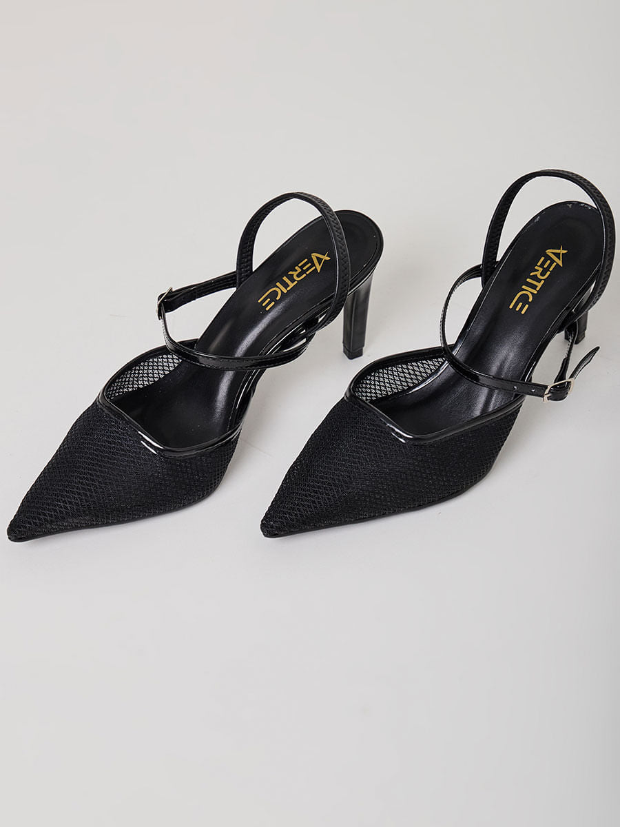 Scarpin Salto Fino Aberto Tela Preto