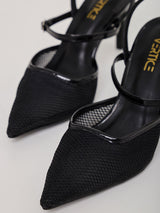 Scarpin Salto Fino Aberto Tela Preto