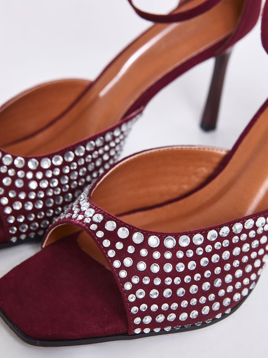Sandalia Salto Fino com Strass Vinho