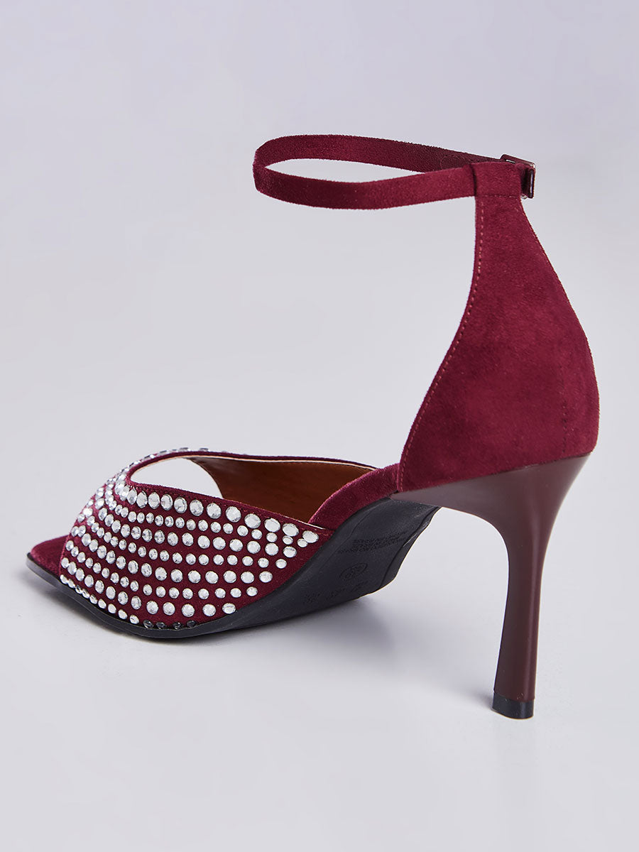 Sandalia Salto Fino com Strass Vinho