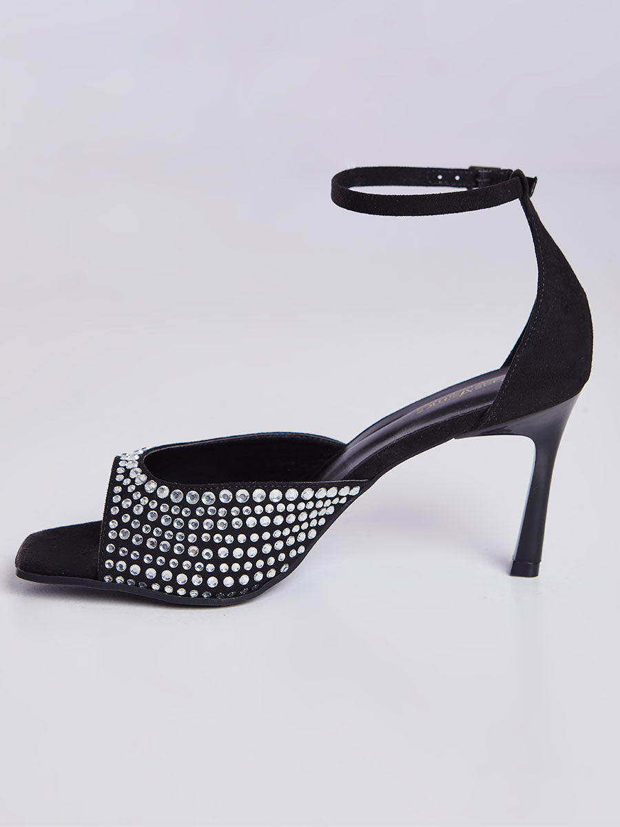 Sandalia Salto Fino com Strass Preto