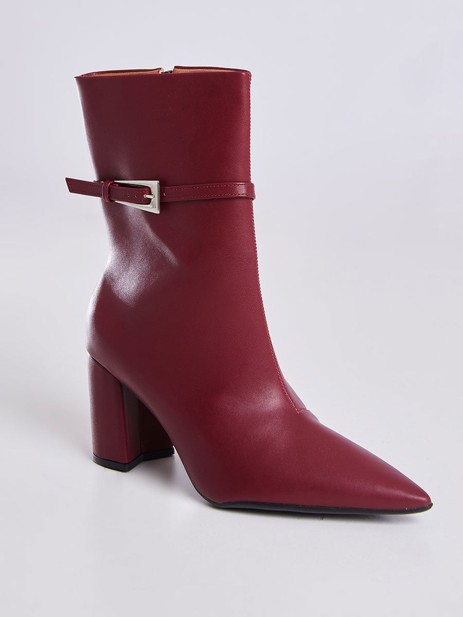 Bota Cano Médio Com Fivela e Salto Quadrado Vinho