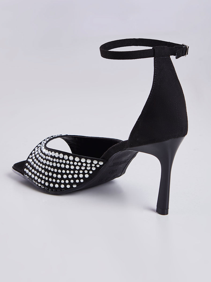 Sandalia Salto Fino com Strass Preto