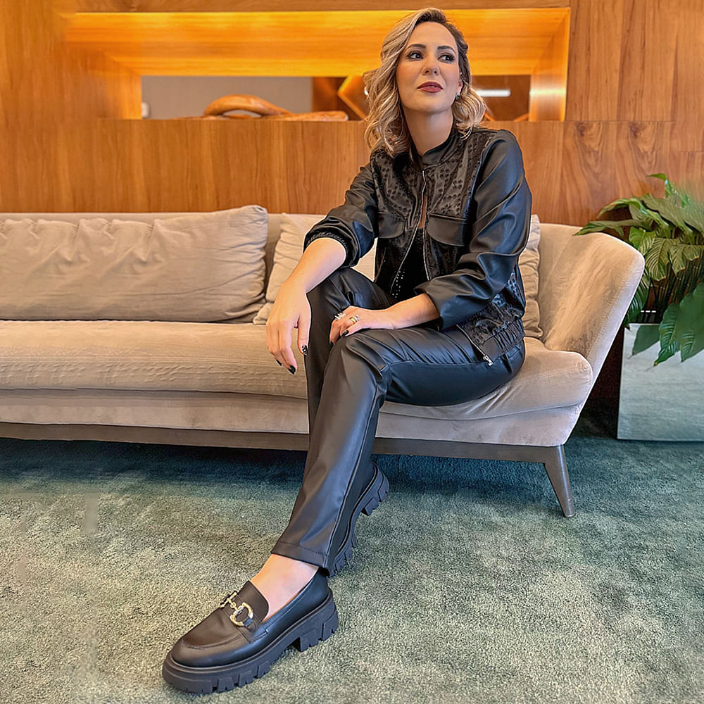 Mocassim Couro Tratorado Plataforma Preto