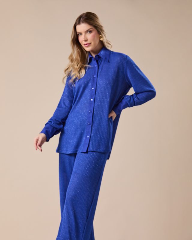 Conjunto Alfaiataria Camisa e Calça Pantalona Azul